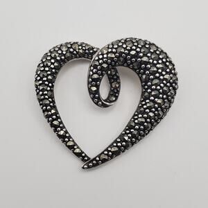 Vintage Large Marcasite Hoop Heart Sterling Silver 925 Slide Pendant